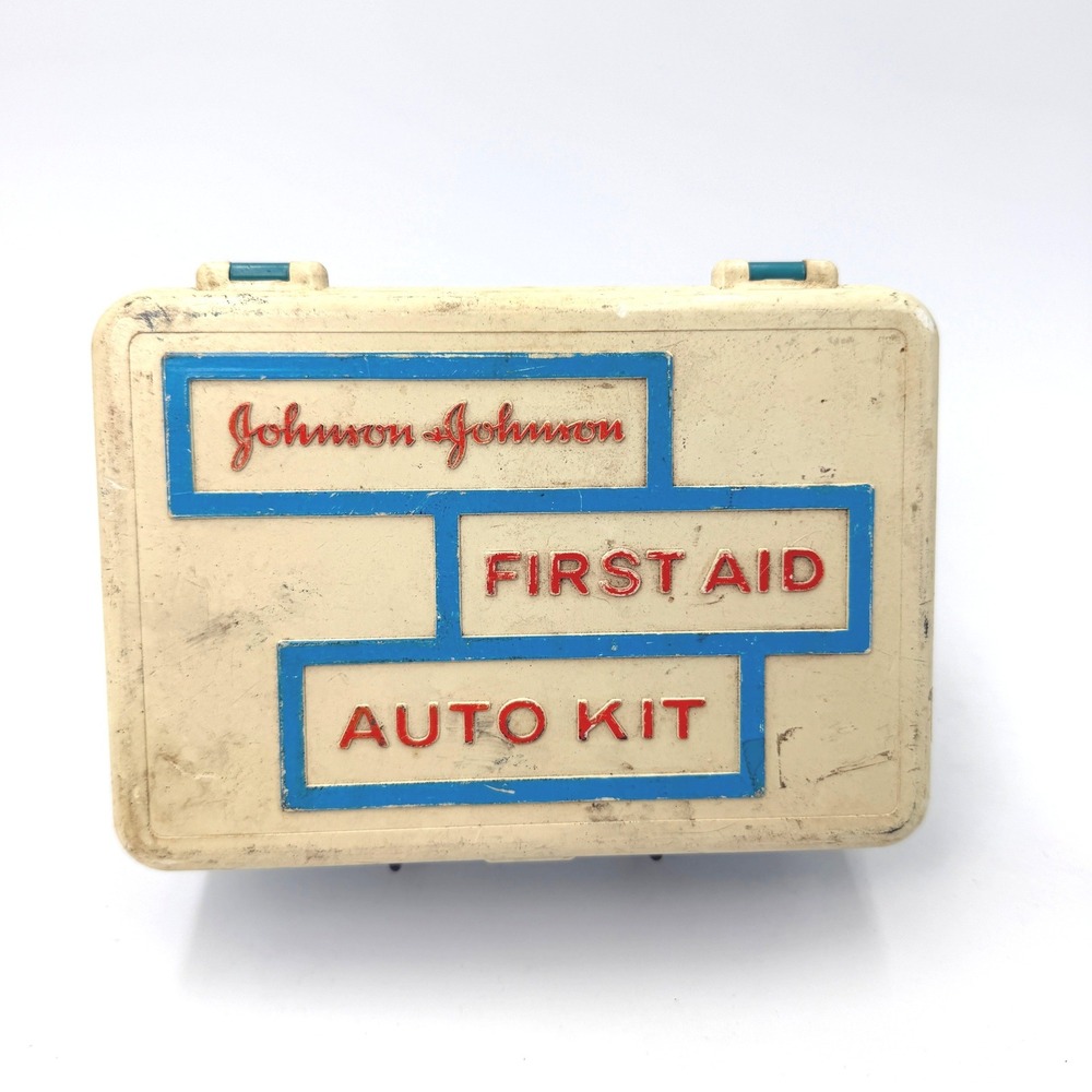 Vintage Johnson & Johnson First Aid Auto Kit Plastic Case with Contents USA Made